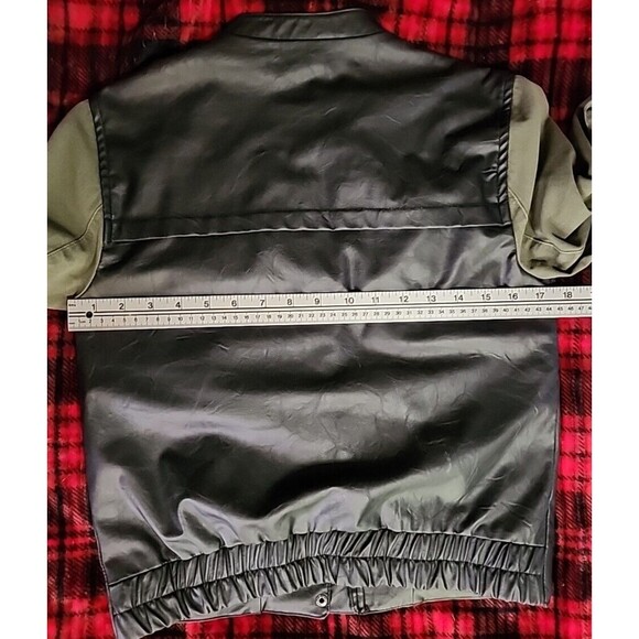 Sans Souci Black Faux Leather Green Army Sleeves Hidden Zip Jacket - Size Small - Picture 11 of 14